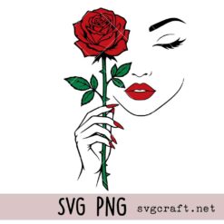 Beauty Woman With Rose Svg Png, Line Art Woman Face Graphic Svg Png, Red Lips Svg Png