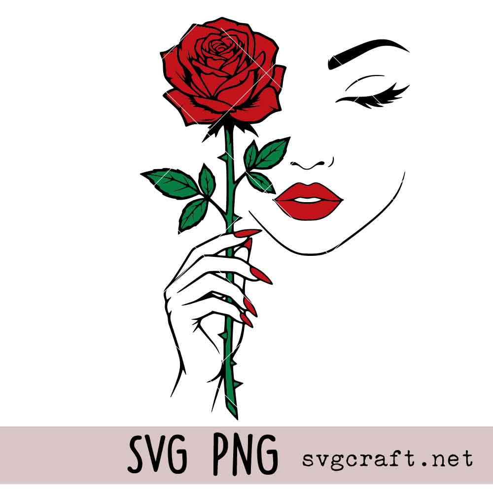 Beauty Woman With Rose SVG PNG Beauty Woman With Rose Svg Png, Line Art Woman Face Graphic Svg Png, Red Lips Svg Png