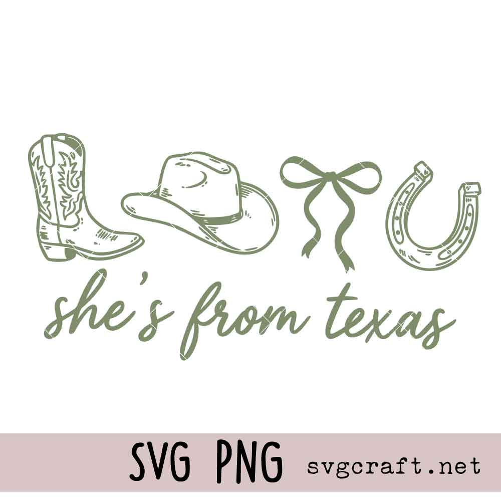 She is From Texas SVG PNG She's From Texas Svg Png, Western Coquette Bow Design Svg Png, Cowboy Boot Hat Bow Horseshoe Svg Png